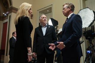 Republican members of Congress Beth Van Duyne, Andy Biggs and Andy Ogles speak outside the House chamber